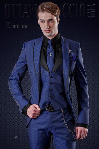 ONGala 1470 - Abito matrimonio moda uomo bluette nido d'ape e profili neri