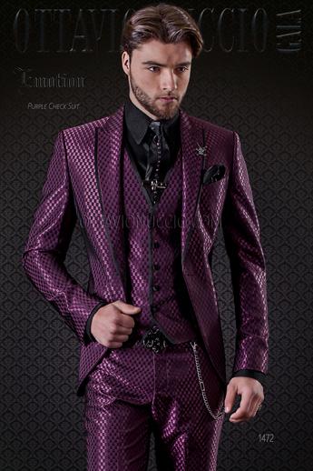 ONGala 1472 - Abito moda uomo bordeaux a scacchi con profili neri