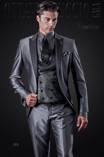 ONGala 1474 - Abito moda sposo grigio rever nero con gilet damascato