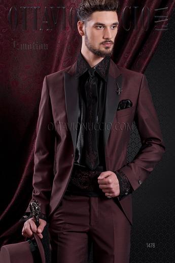ONGala 1478 - Abito moda uomo bordeaux misto lana rever nero in raso