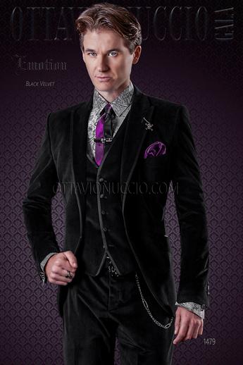 ONGala 1479 - Abito matrimonio moda uomo nero in velluto profili raso