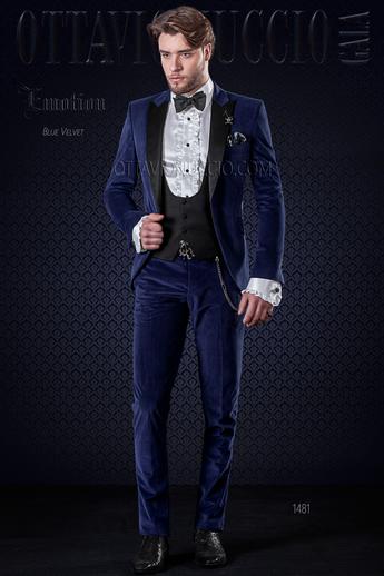 ONGala 1481 - Smoking matrimonio uomo blu elettrico in velluto, rever in raso