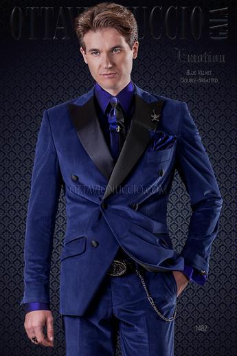 ONGala 1482 - Smoking matrimonio doppiopetto blu elettrico in velluto
