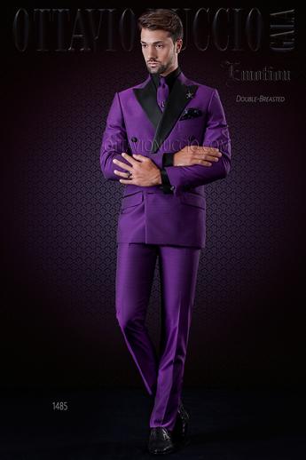 ONGala 1485 - Abito moda uomo doppiopetto viola con rever in raso