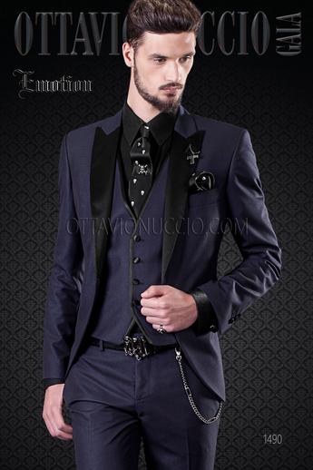ONGala 1490 - Abito da cerimonia blu rever raso con gilet a tono