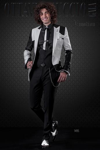 ONGala 1495 - Giacca uomo patchwork bianca e nera con pantalone nero