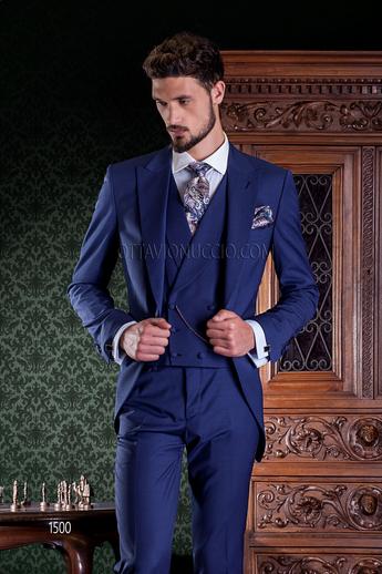 ONGala 1500 - Abito da sposo blu fresco lana con gilet doppiopetto sciallato