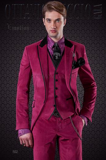 ONGala 1502 - Abito moda uomo velluto fucsia con gilet a tono