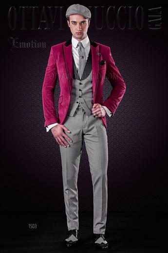 ONGala 1503 - Abito moda uomo in velluto fucsia, gilet in pied de poule