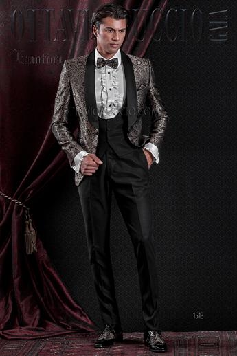 ONGala 1513 - Giacca moda uomo damascata marrone e pantalone nero