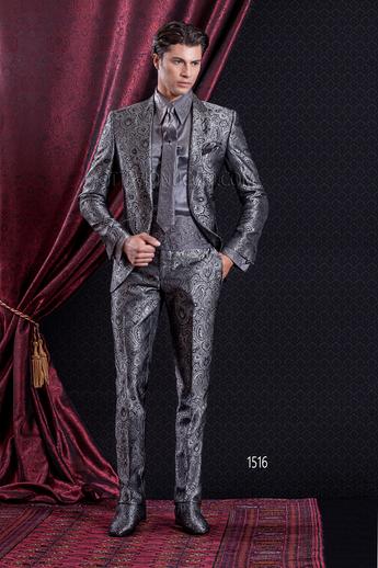 ONGala 1516 - Abito Sposo Gotico giacca slim damascato grigio piombo