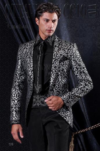 ONGala 1518 - Giacca sposo broccata nera e argento con pantalone nero
