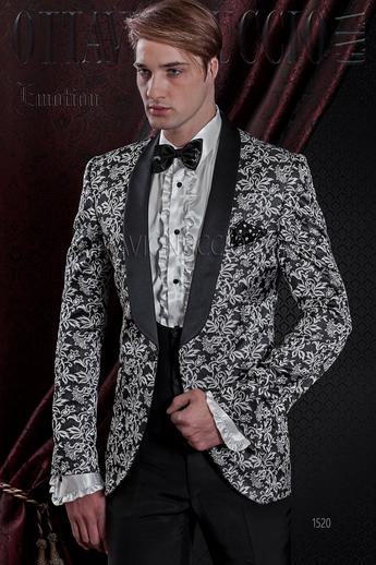 ONGala 1520 - Giacca sposo nera e argento rever sciallato con pantalone nero