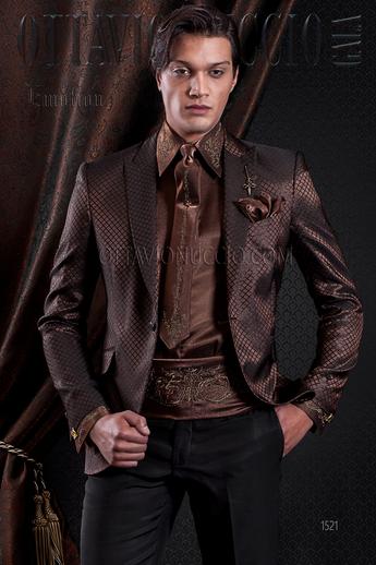 ONGala 1521 - Giacca sposo marrone lucida con pantalone nero
