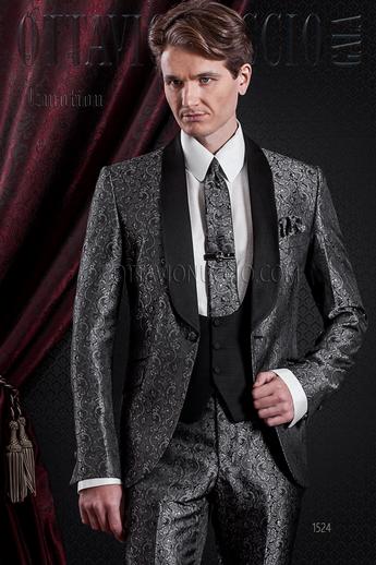 ONGala 1524 - Abito sposo particolare slim damascato grigio scuro