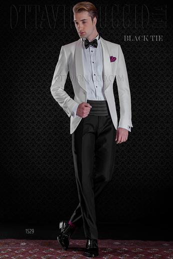 ONGala 1529 - Giacca smoking bianca e pantalone nero misto lana
