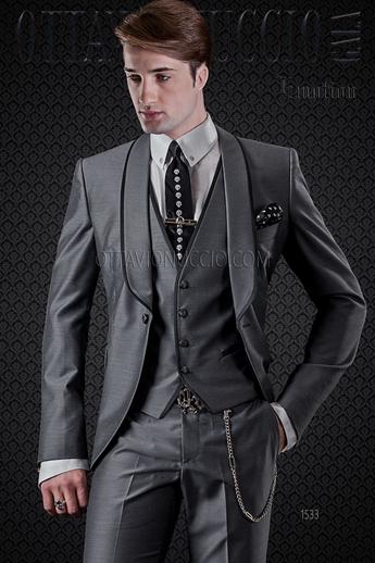 ONGala 1533 - Abito moda sposo grigio collo sciallato con gilet e profili neri