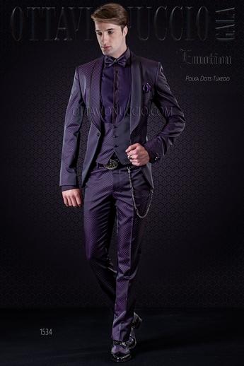 ONGala 1534 - Abito moda uomo nero a pois viola collo sciallato