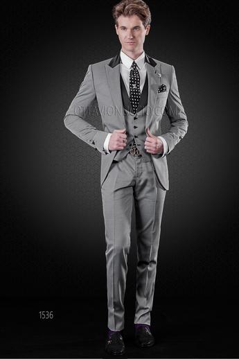 ONGala 1536 - Abito sposo grigio micro disegni con gilet collo sciallato