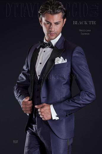 ONGala 1537 - Abito cerimonia uomo blu lana Tasmania rever nero e gilet sciallato