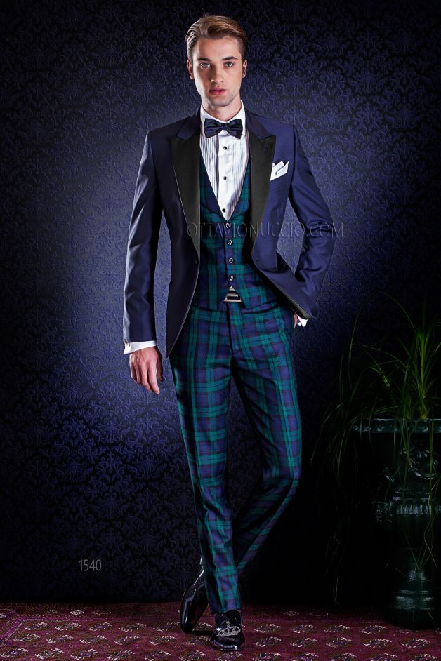 ONGala 1540 - Giacca smoking blu notte misto lana con gilet e pantalone in lana Tartan