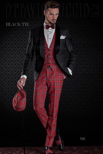 ONGala 1545 - Giacca smoking nera in fresco lana con gilet e pantalone Tartan