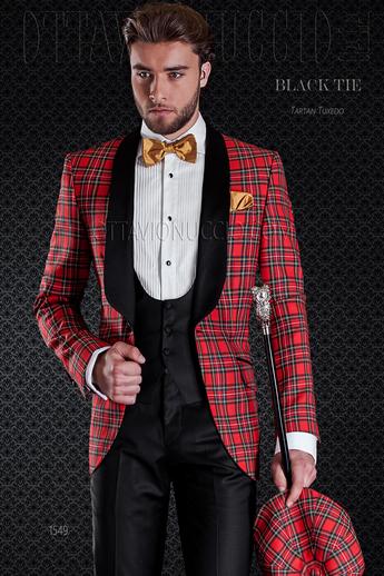 ONGala 1549 - Giacca smoking uomo tartan rosso e pantalone nero