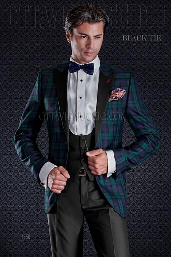 ONGala 1550 - Giacca smoking uomo tartan verde blu e pantalone nero