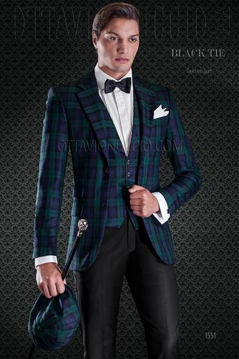 ONGala 1551 - Giacca uomo e gilet sciallato tartan verde blu con pantalone nero