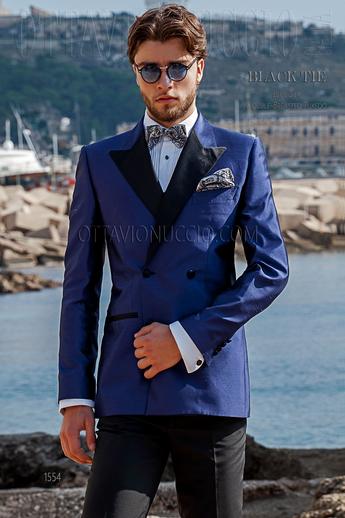 ONGala 1554 - Abito doppiopetto blu elettrico in misto seta shantung