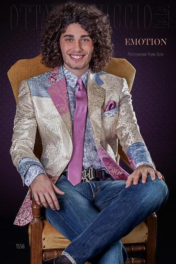ONGala 1556 - Giacca uomo patchwork in pura seta colori chiari