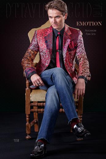 ONGala 1558 - Giacca uomo patchwork in pura seta toni del rosso