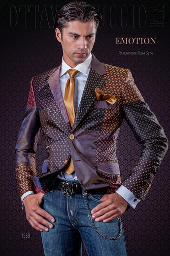 ONGala 1559 - Giacca uomo patchwork in pura seta con micro disegni