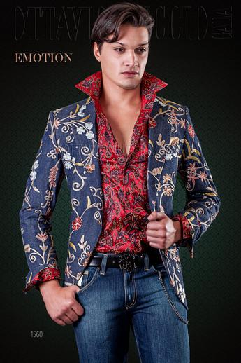 ONGala 1560 - Giacca moda uomo jeans ricamato collo a lancia