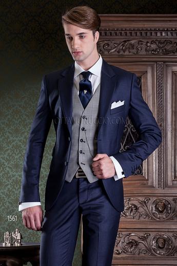 ONGala 1561 - Abito sposo classico blu scuro con gilet Principe di Galles
