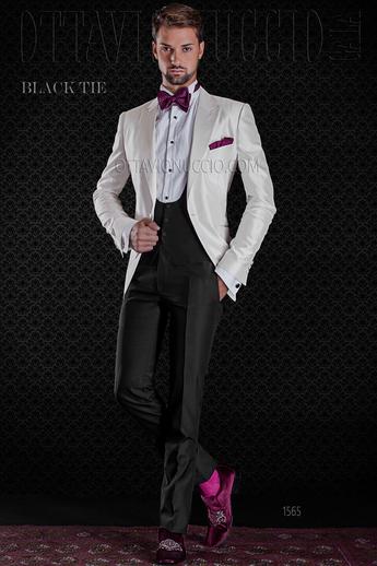 ONGala 1565 - Giacca smoking bianca misto seta shantung con pantalone nero