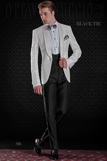 ONGala 1566 - Giacca da smoking bianca misto seta shantung con pantalone nero