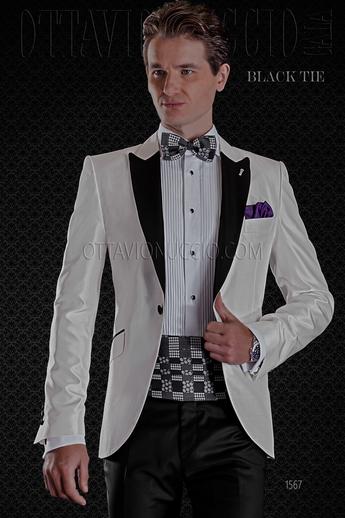 ONGala 1567 - Giacca uomo smoking bianca misto seta shantung con pantalone nero