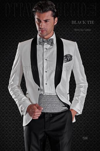 ONGala 1568 - Giacca da smoking bianca in misto seta shantung con pantalone nero