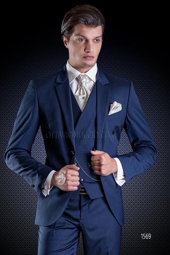 ONGala 1569 - Abito cerimonia uomo blu elettrico con gilet doppiopetto