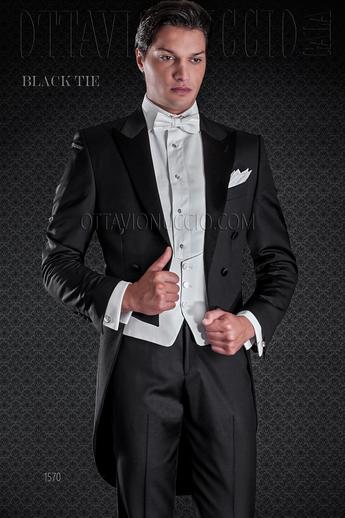 ONGala 1570 - Frac sposo nero pura lana super 100's con gilet avorio