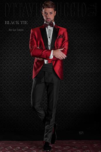 ONGala 1571 - Giacca smoking rossa misto seta shantung con pantalone nero