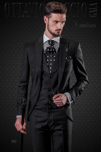 ONGala 1572 - Abito nero per matrimonio uomo lana tasmania con gilet sciallato