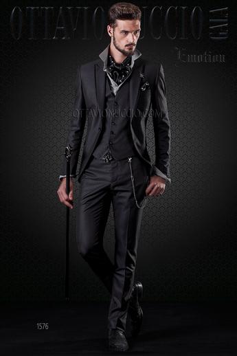 ONGala 1576 - Abito matrimonio uomo nero con gilet a tono
