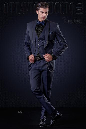 ONGala 1577 - Abito moda uomo blu nido d'ape collo sciallato