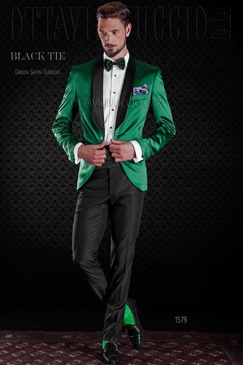 ONGala 1579 - Giacca smoking verde smeraldo lucida con pantalone nero