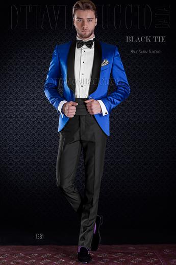 ONGala 1581 - Giacca smoking blu elettrico lucida con pantalone nero