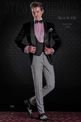 ONGala 1583 - Giacca smoking nera in velluto con pantalone nero