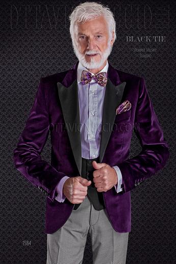 ONGala 1584 - Giacca smoking viola in velluto con pantalone pied de poule