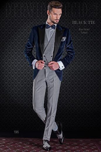 ONGala 1585 - Giacca smoking blu in velluto con pantalone nero